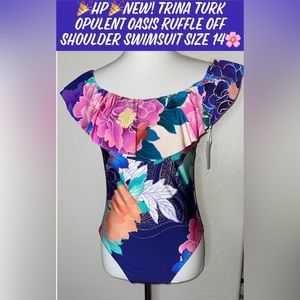 🎉HP🎉New! Trina Turk Opulent Oasis Floral Off Shoulder OnePc Swimsuit Size 14🌸